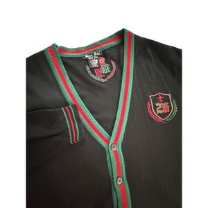 Bare Fox 26 Men's 4XL Black Cardigan‎ Sweater Red Green Trim Embroidered VTG